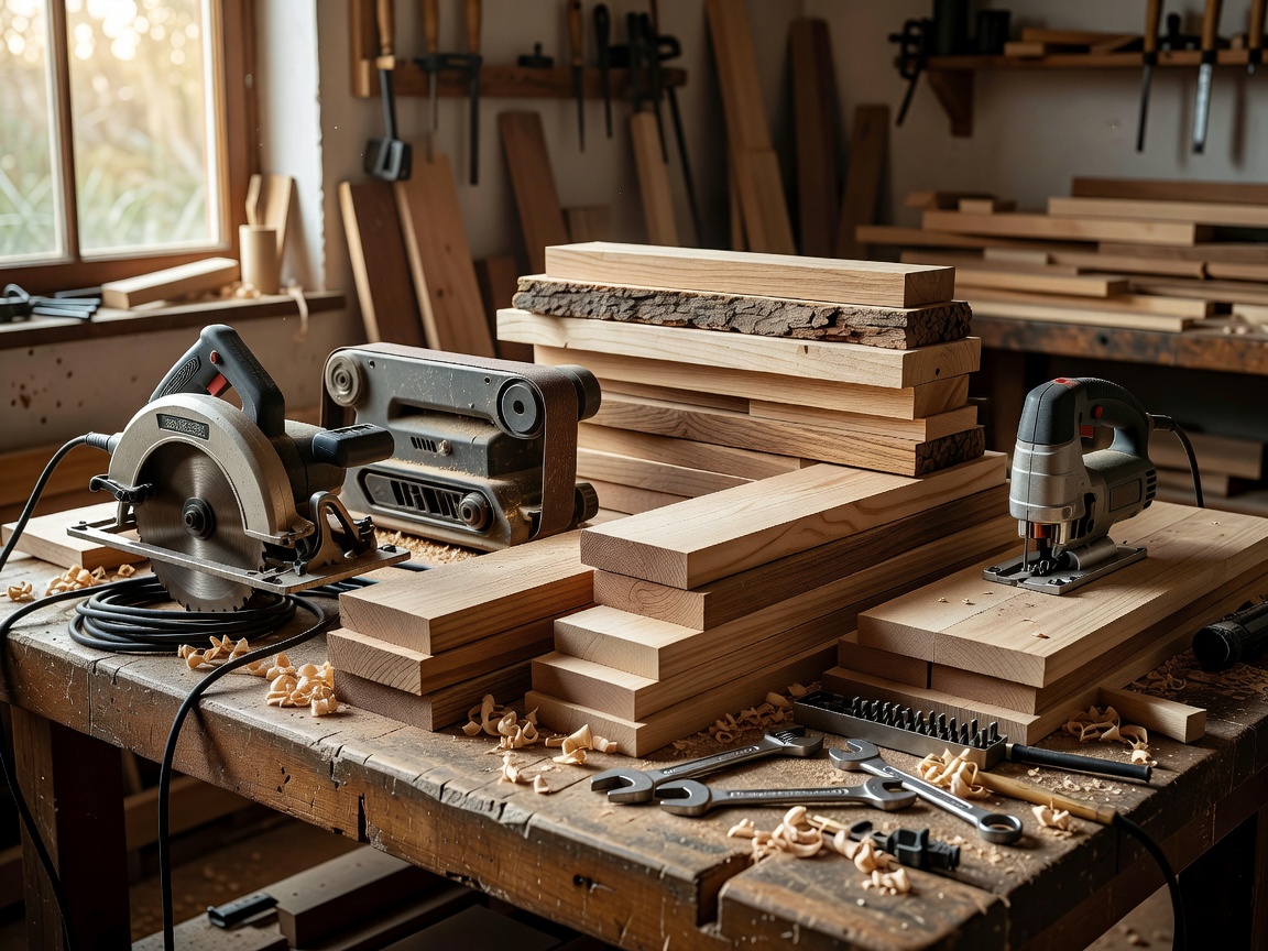Power tools and timber prepared in a woodworking workshop