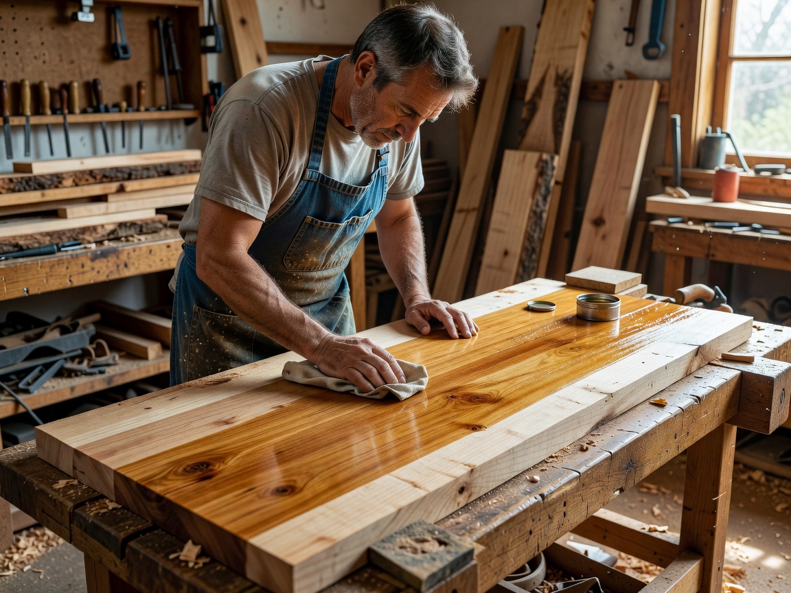Woodworker applying finish to a prepared timber surface