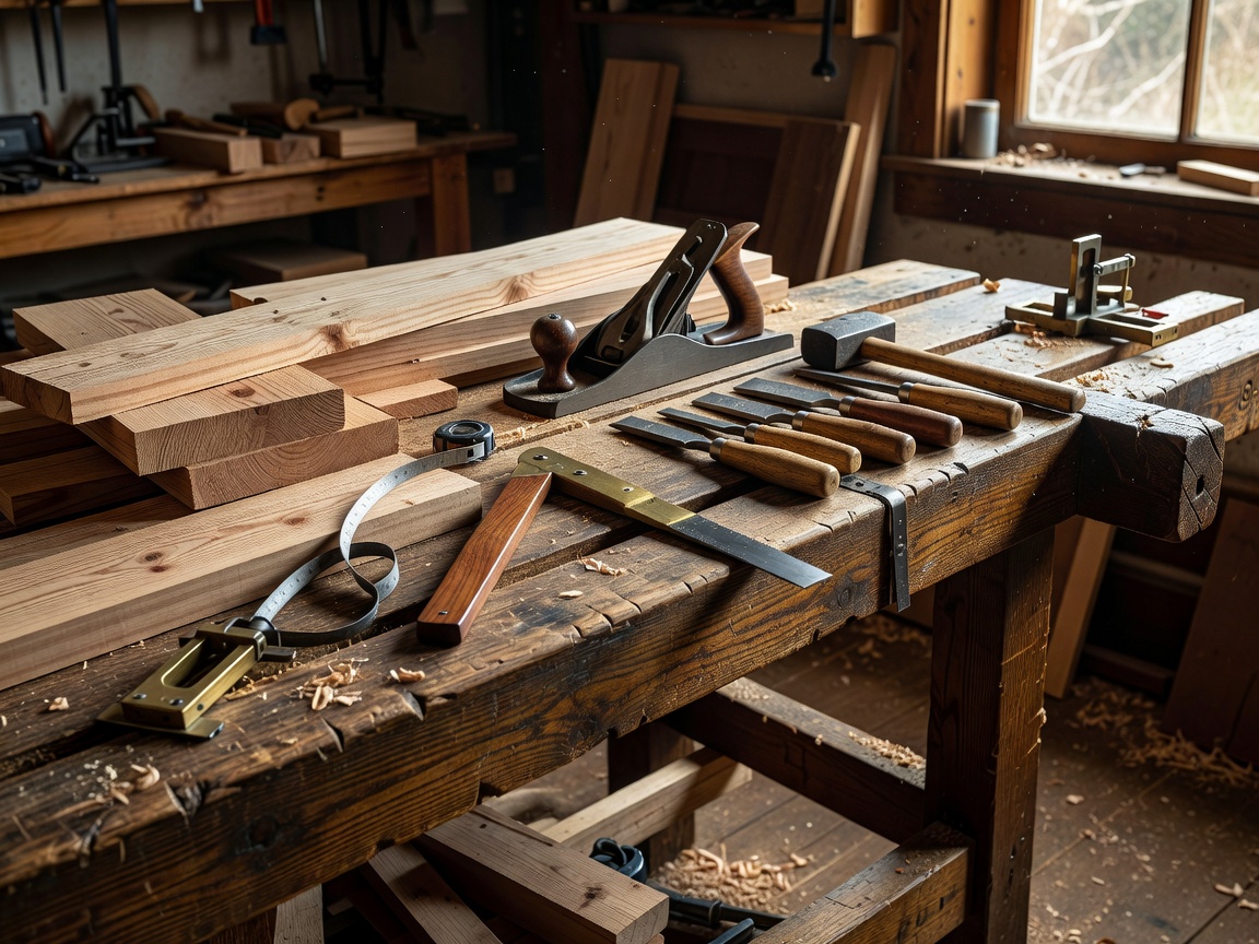 Woodworking bench with timber, hand tools and measuring equipment