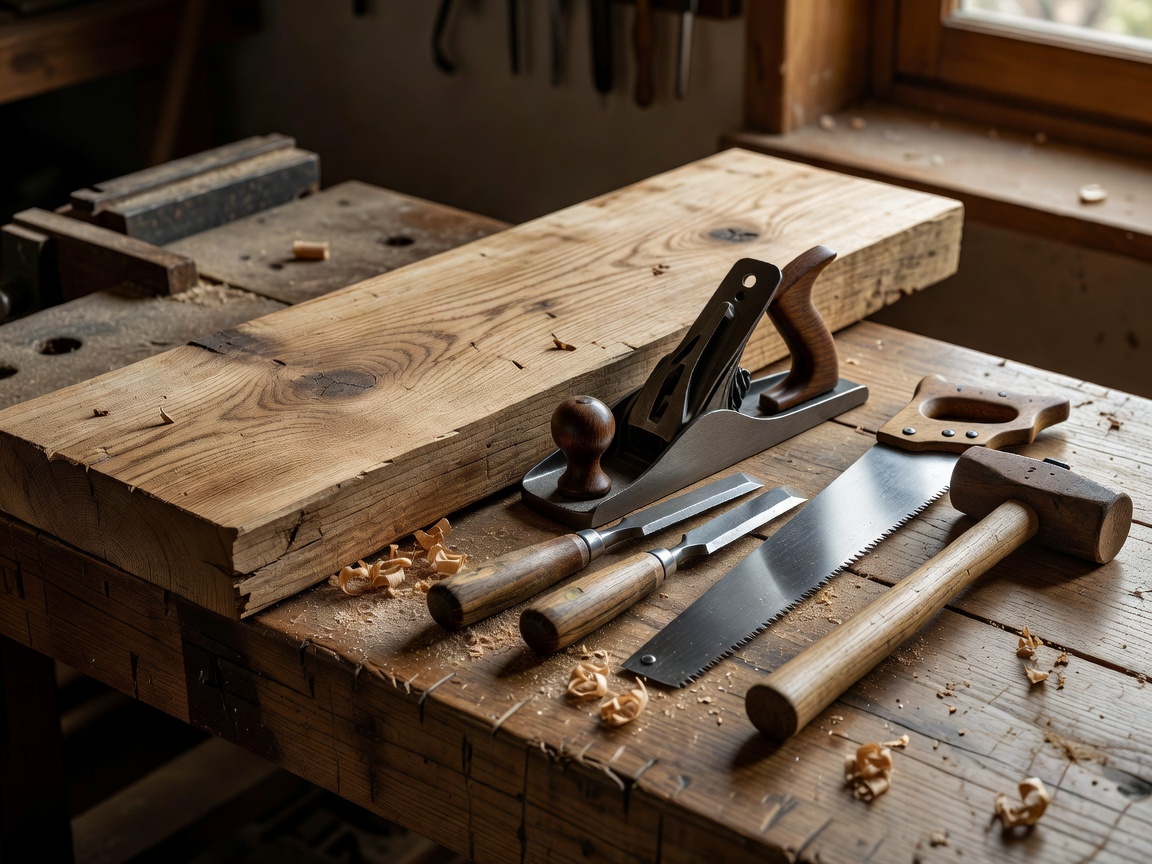 Woodworking hand tools arranged beside a timber board
